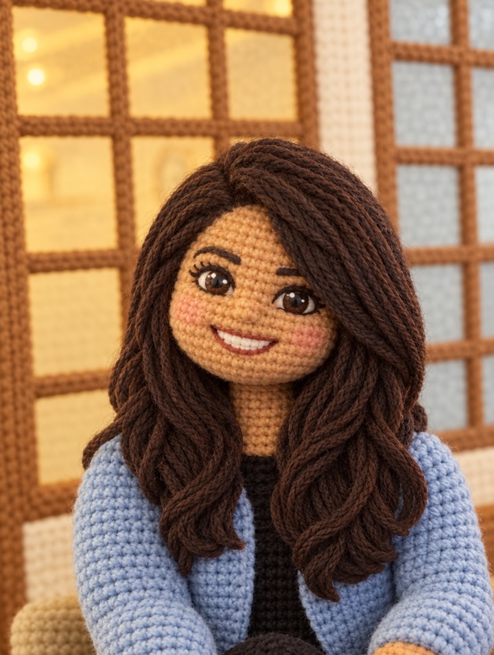 Crochet portrait of Nazia Nabi, with long dark hair and a blue cardigan