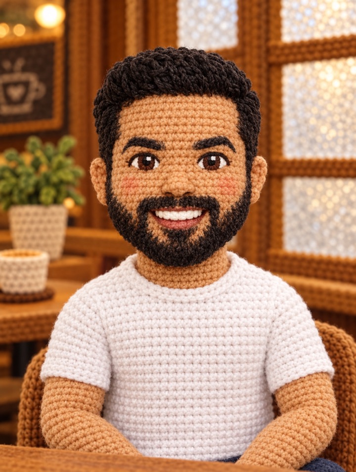 Crochet portrait of Nurullah Humayun, smiling, with a dark beard and a white T-shirt