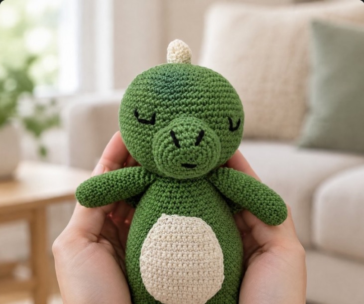 Moss the Dragon held in two hands on a sofa
