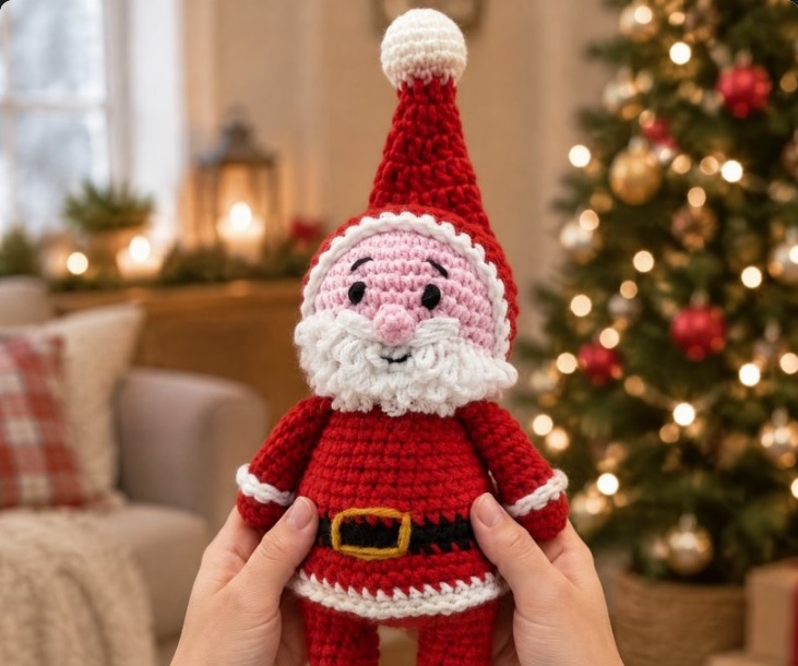 Nicholas, a crocheted Santa, held near a lit Christmas tree