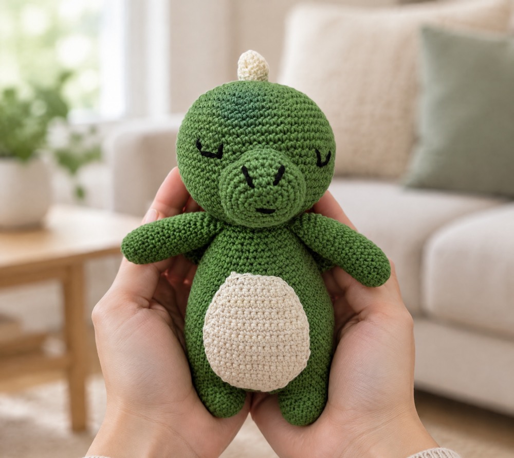 Moss the Dragon, a green hand-crocheted dragon, held in adult hands